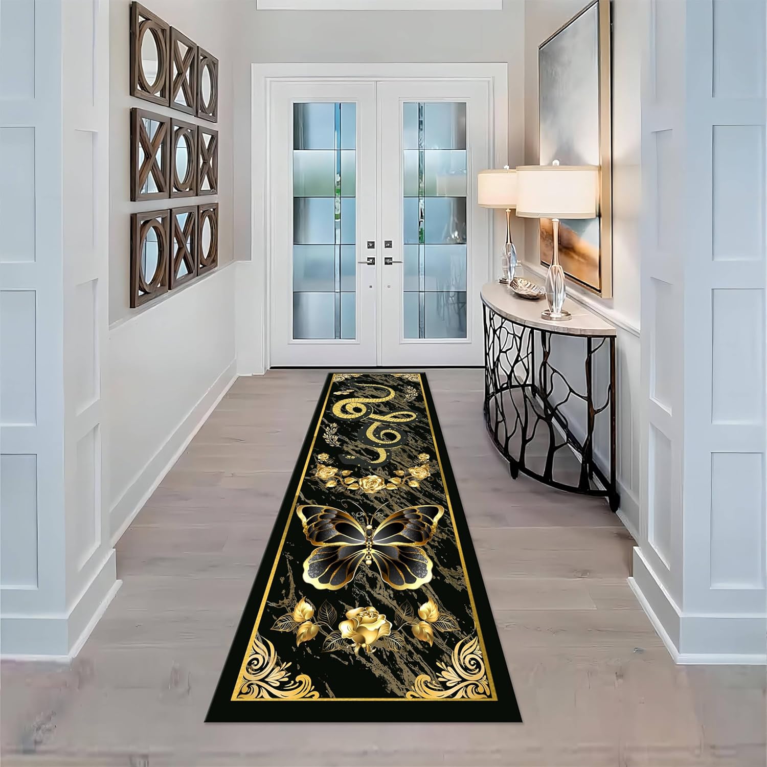 Black Gold Snake Runner Rug 2x6ft Modern Decor