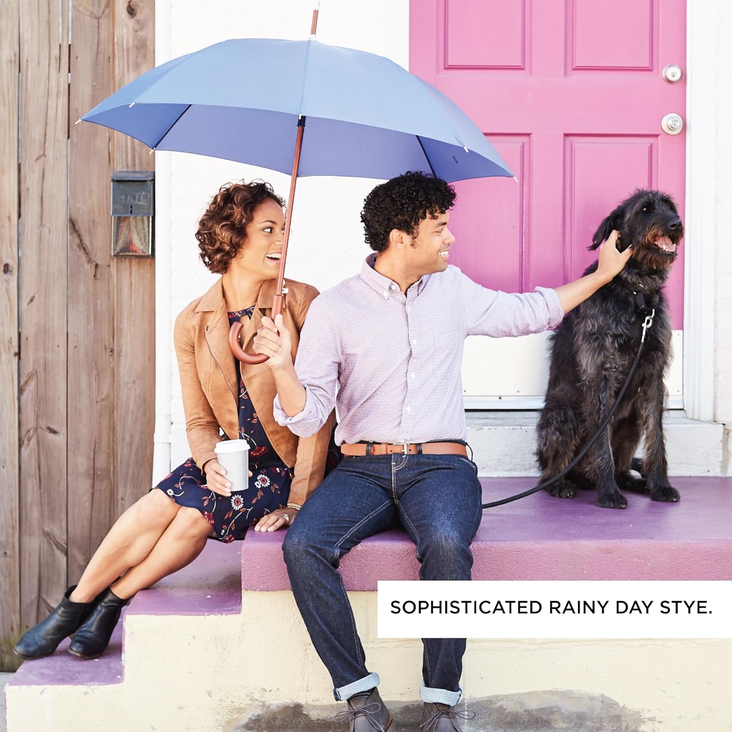 Totes Eco Auto Open Stick Umbrella with Wooden Handle