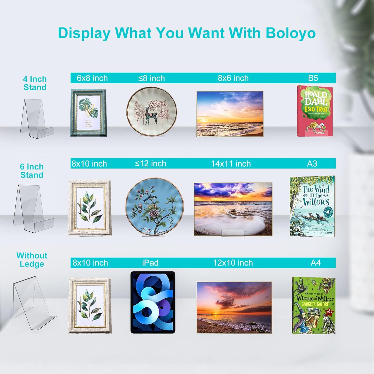 Boloyo 6PC Acrylic Display Stand Holder with Ledge