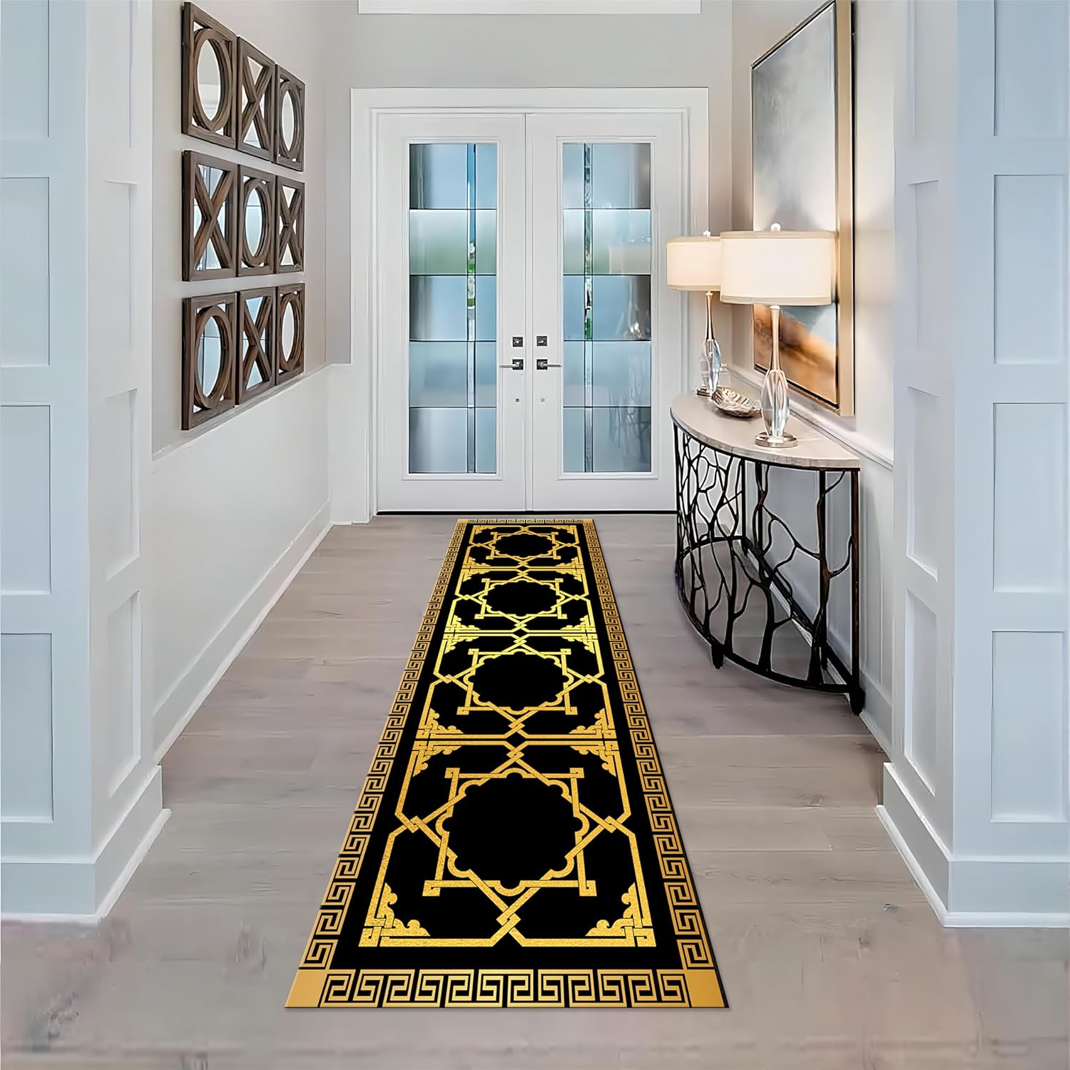 Greek Key Border Black Gold Runner Rug 2x7ft
