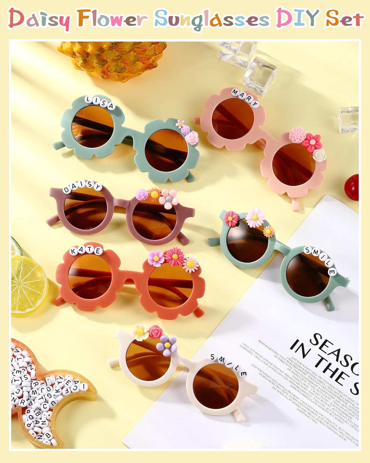 Kanayu Kids Round Sunglasses DIY Kit with Letter Beads and Flower Charms