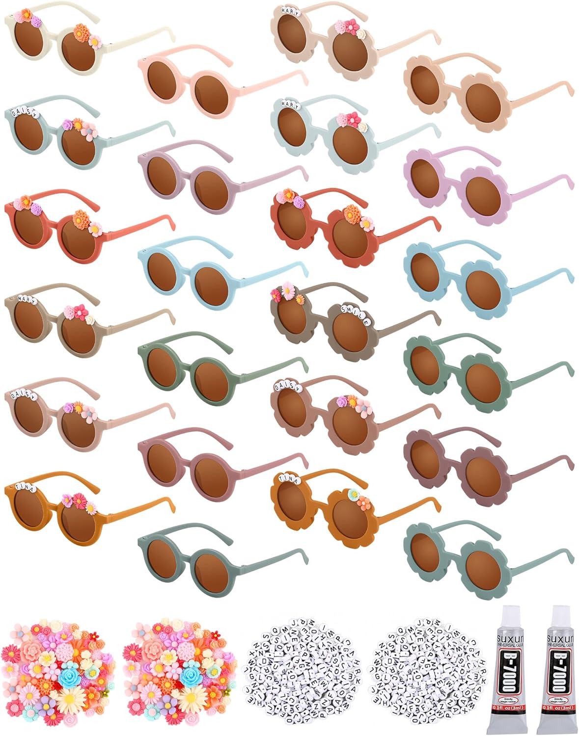 Kanayu Kids Round Sunglasses DIY Kit with Letter Beads and Flower Charms