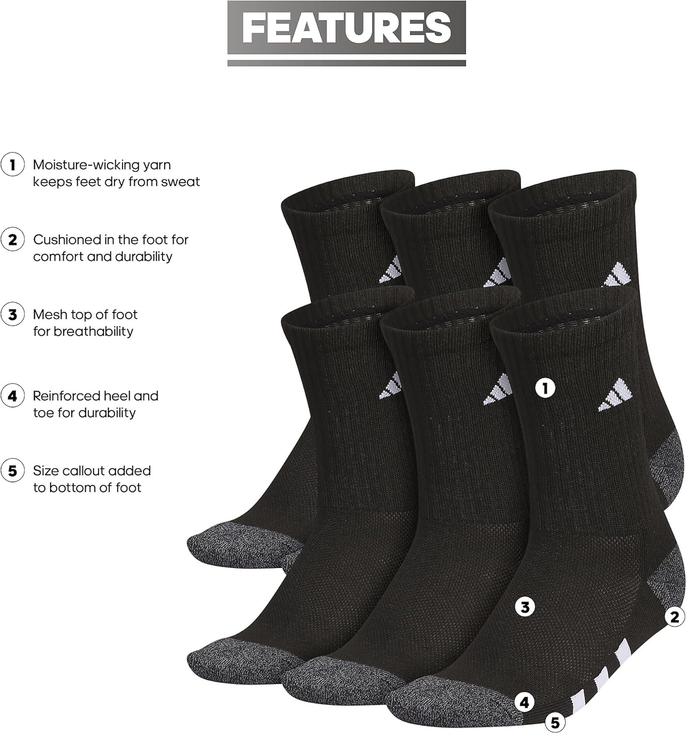 Adidas Youth Athletic Cushioned 6-Pack Crew Socks