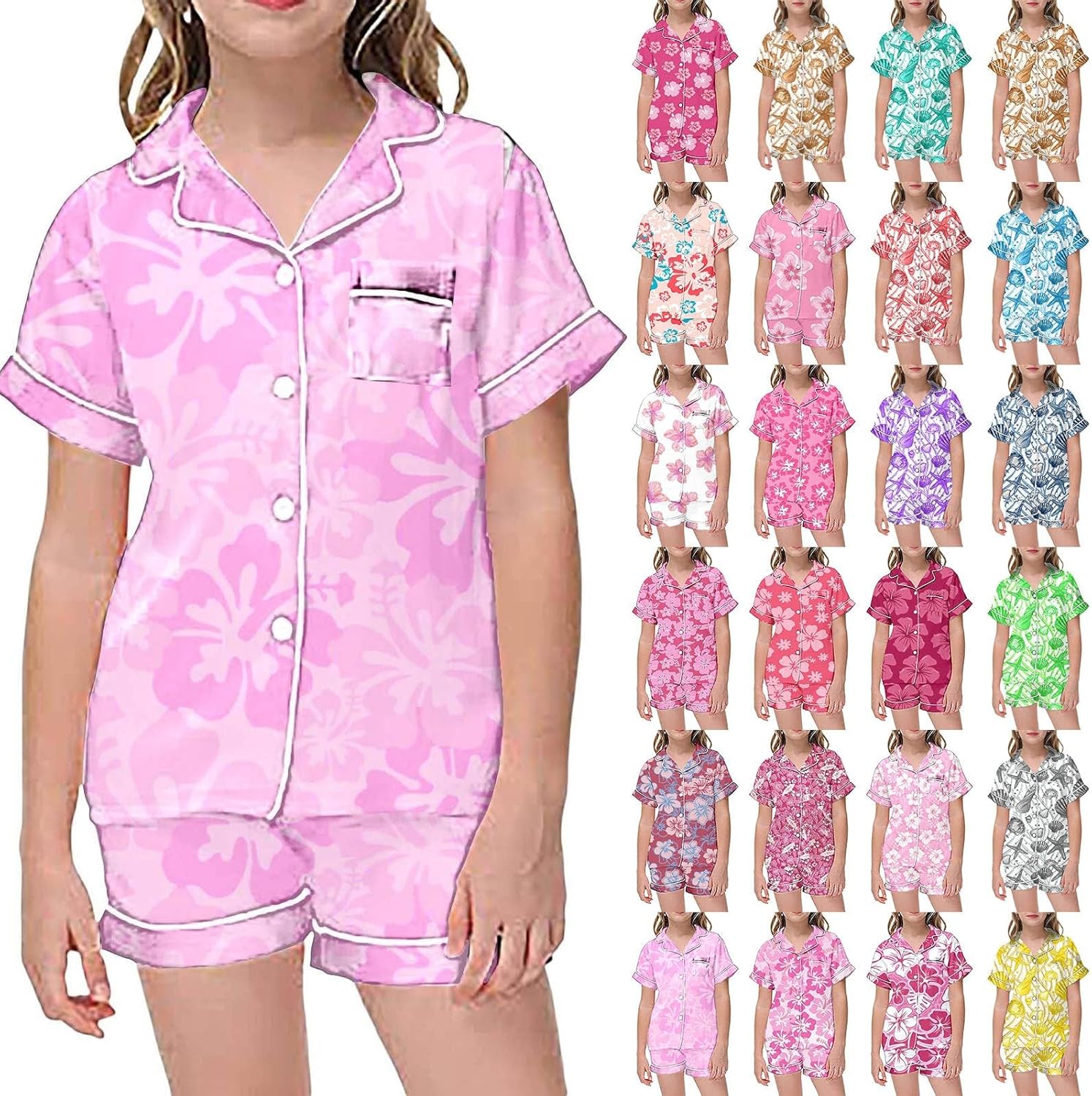 Kids Girls Flower Print Pajama Set with Shirts and Shorts