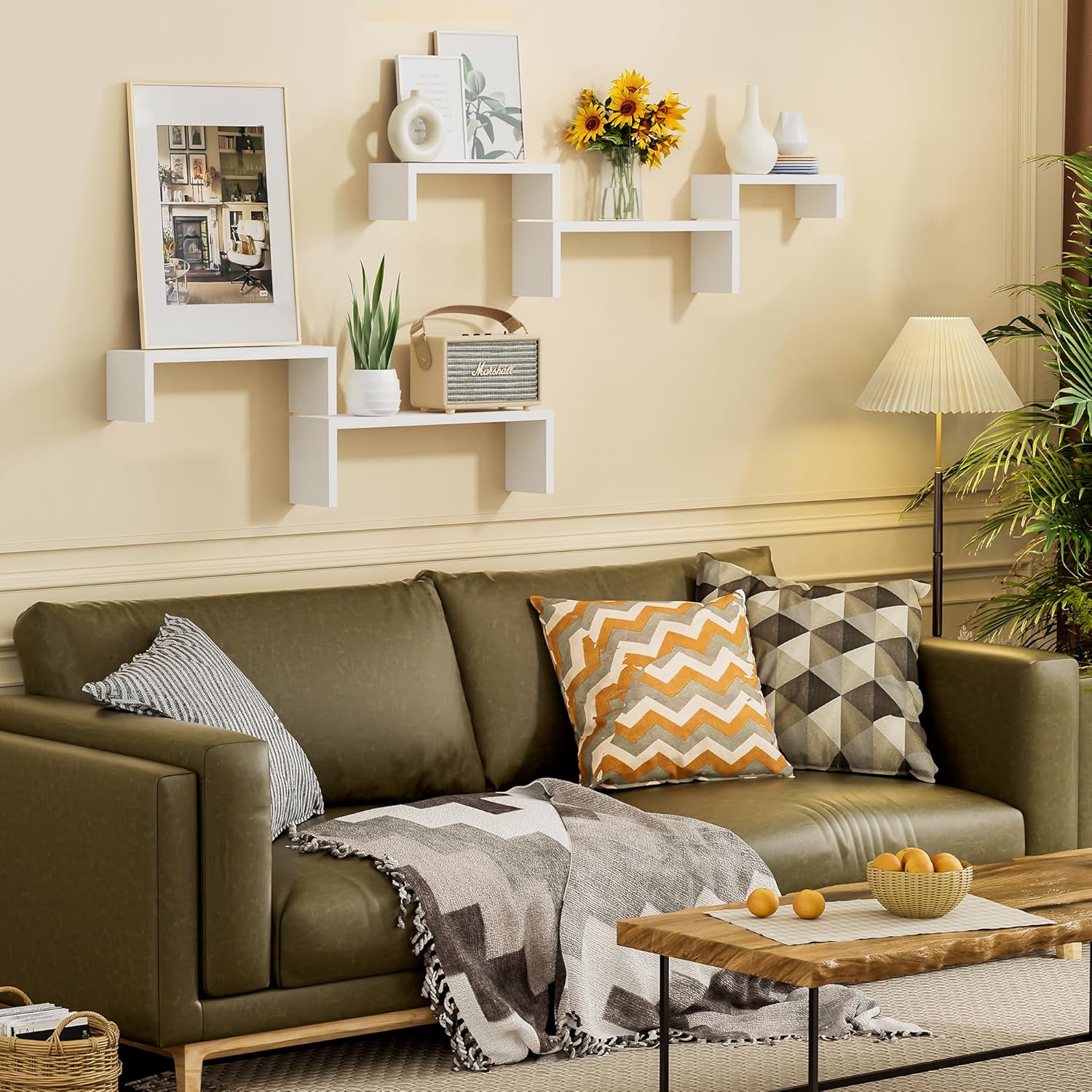 SRIWATANA 5-Piece Floating Wood Shelves Set Washed White