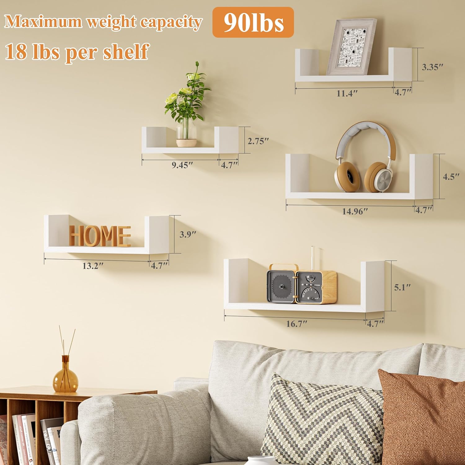 SRIWATANA 5-Piece Floating Wood Shelves Set Washed White