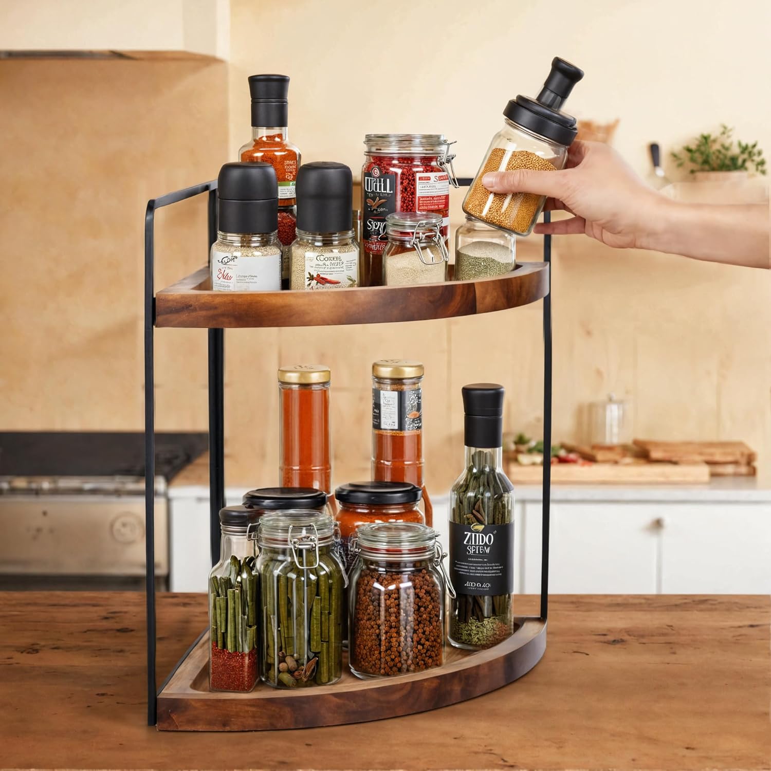 2 Tier Acacia Wood Corner Shelf Organizer 132x99 Inch