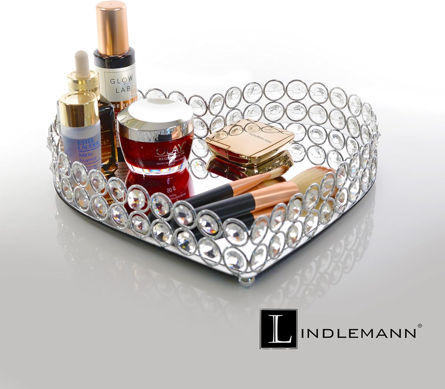 Heart Shaped Metal Crystal Vanity Tray with Mirror
