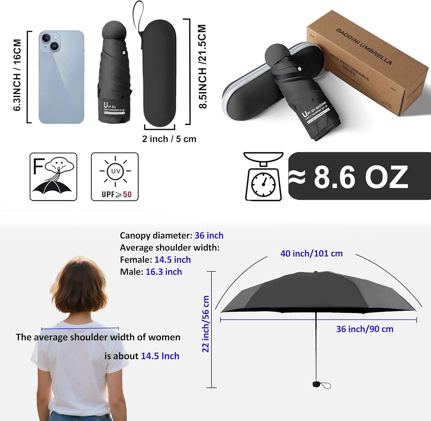 BAODINI Compact UV Folding Umbrella for Travel