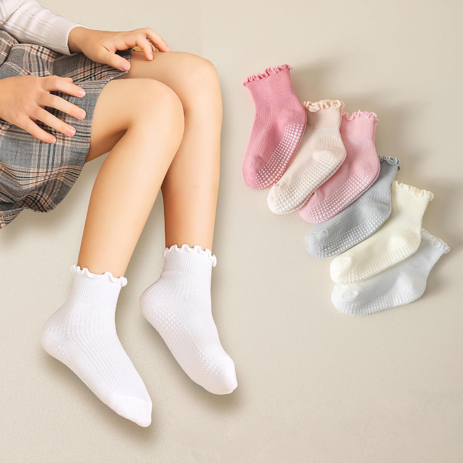 ANYANIME Toddler Ruffle Socks for Girls - Cute Non-Slip Soft Grip Socks