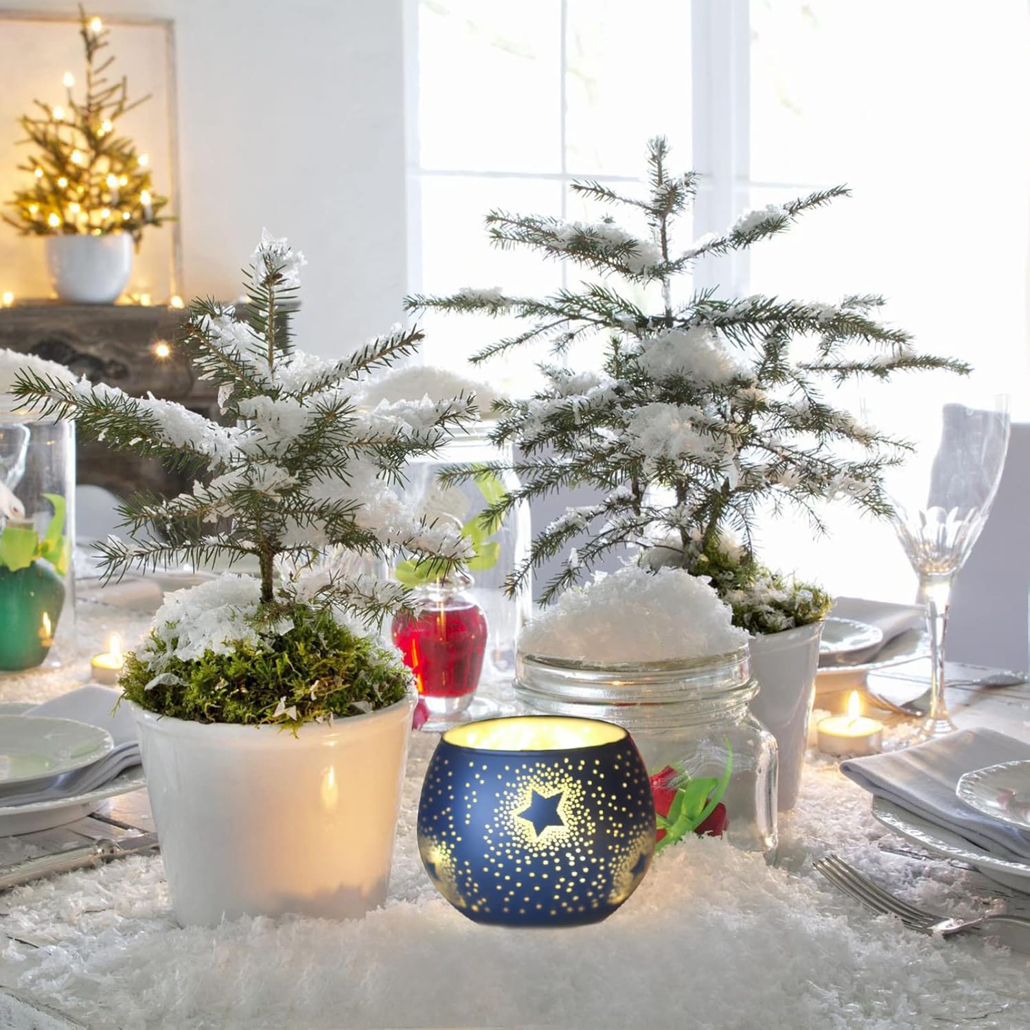 Beaupretty Glass Candle Holders with Star Decor Blue
