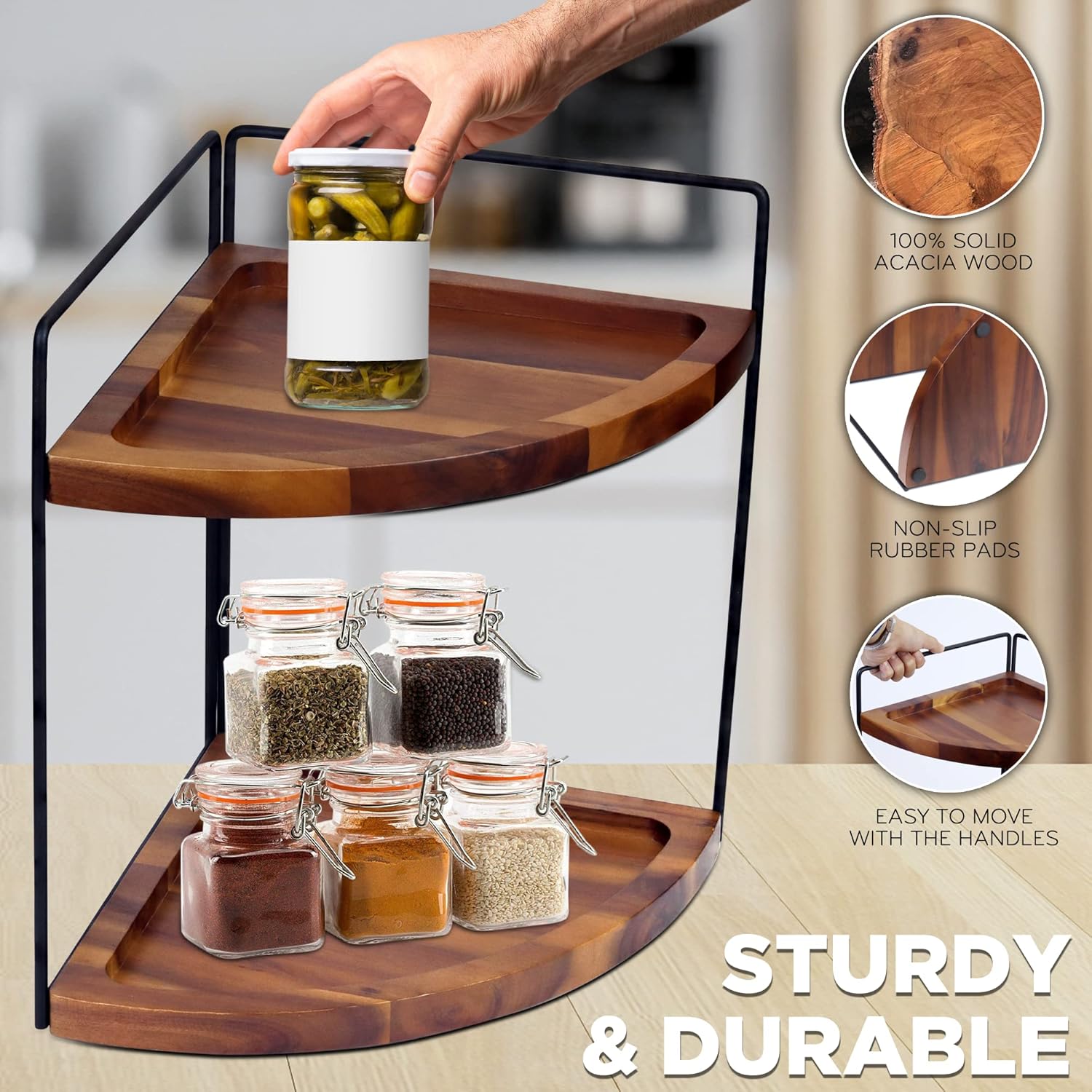 2 Tier Acacia Wood Corner Shelf Organizer 132x99 Inch