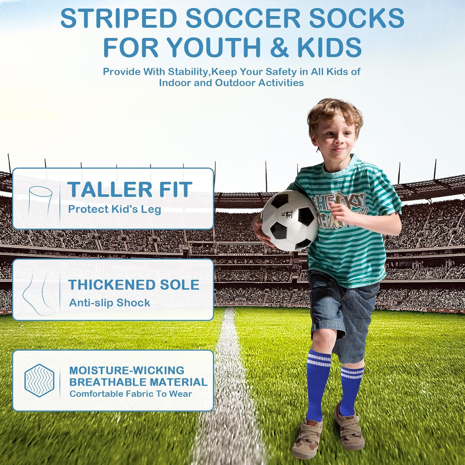 3 Pairs Kids Soccer Socks Striped Knee High