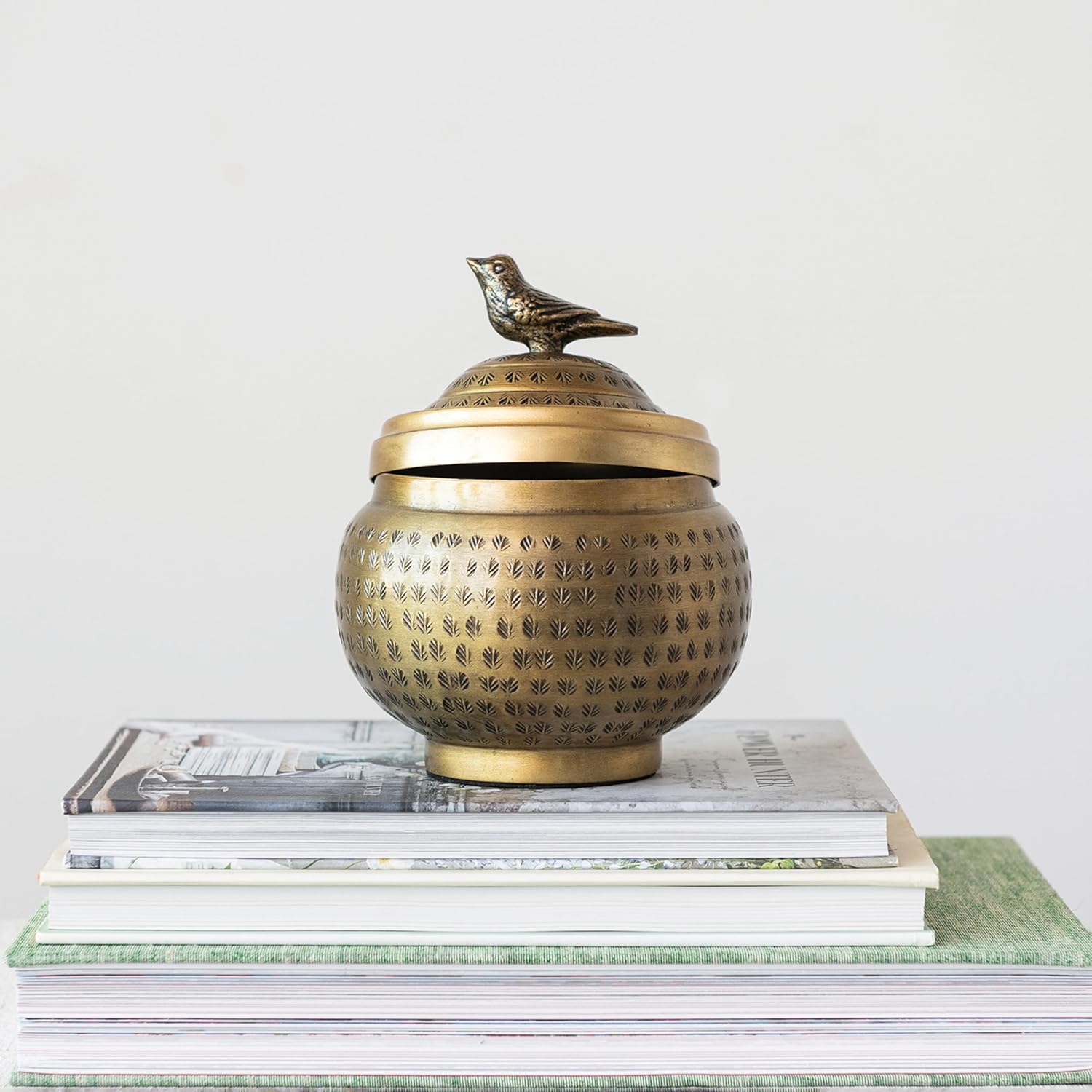 Creative Co-Op Brass Finish Decorative Jar with Bird Top