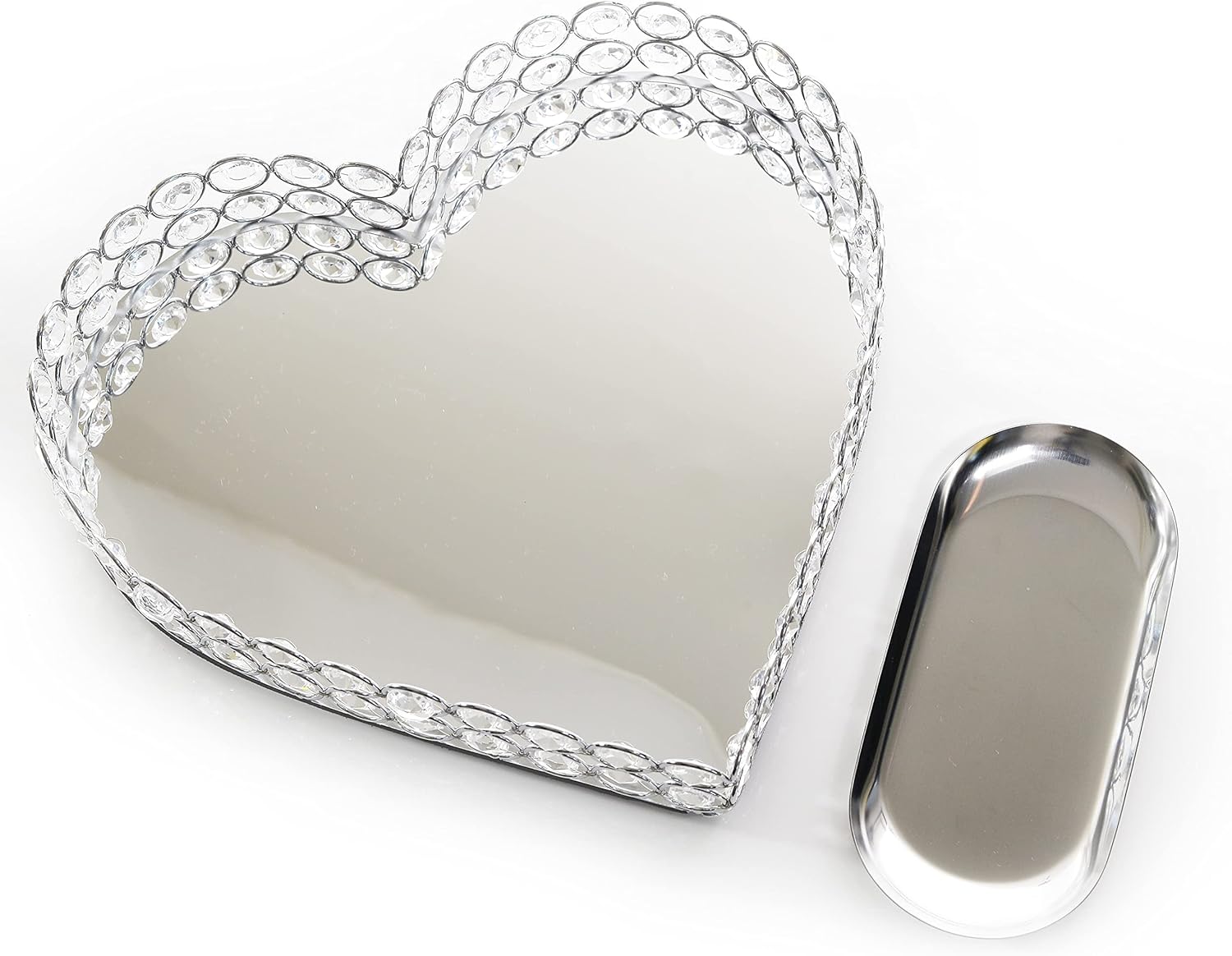 Heart Shaped Metal Crystal Vanity Tray with Mirror