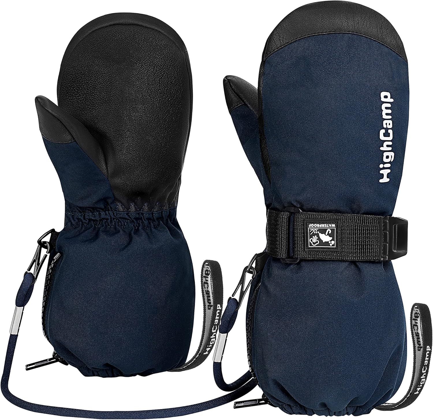 HIGHCAMP Kids Ski Mittens Waterproof Winter Gloves with Zipper and String