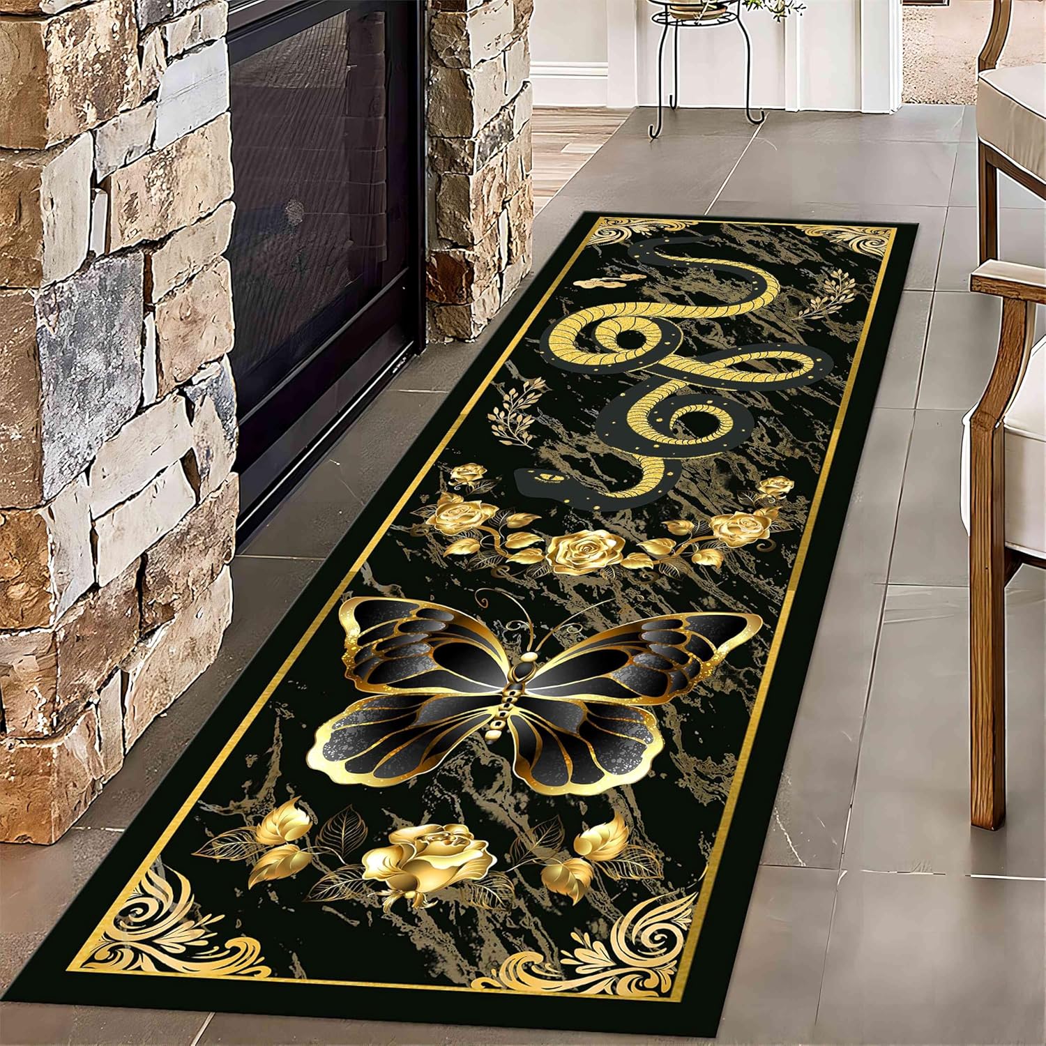 Black Gold Snake Runner Rug 2x6ft Modern Decor